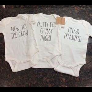 Rae Dunn 3 pc onesies pretty eyes, new to the crew